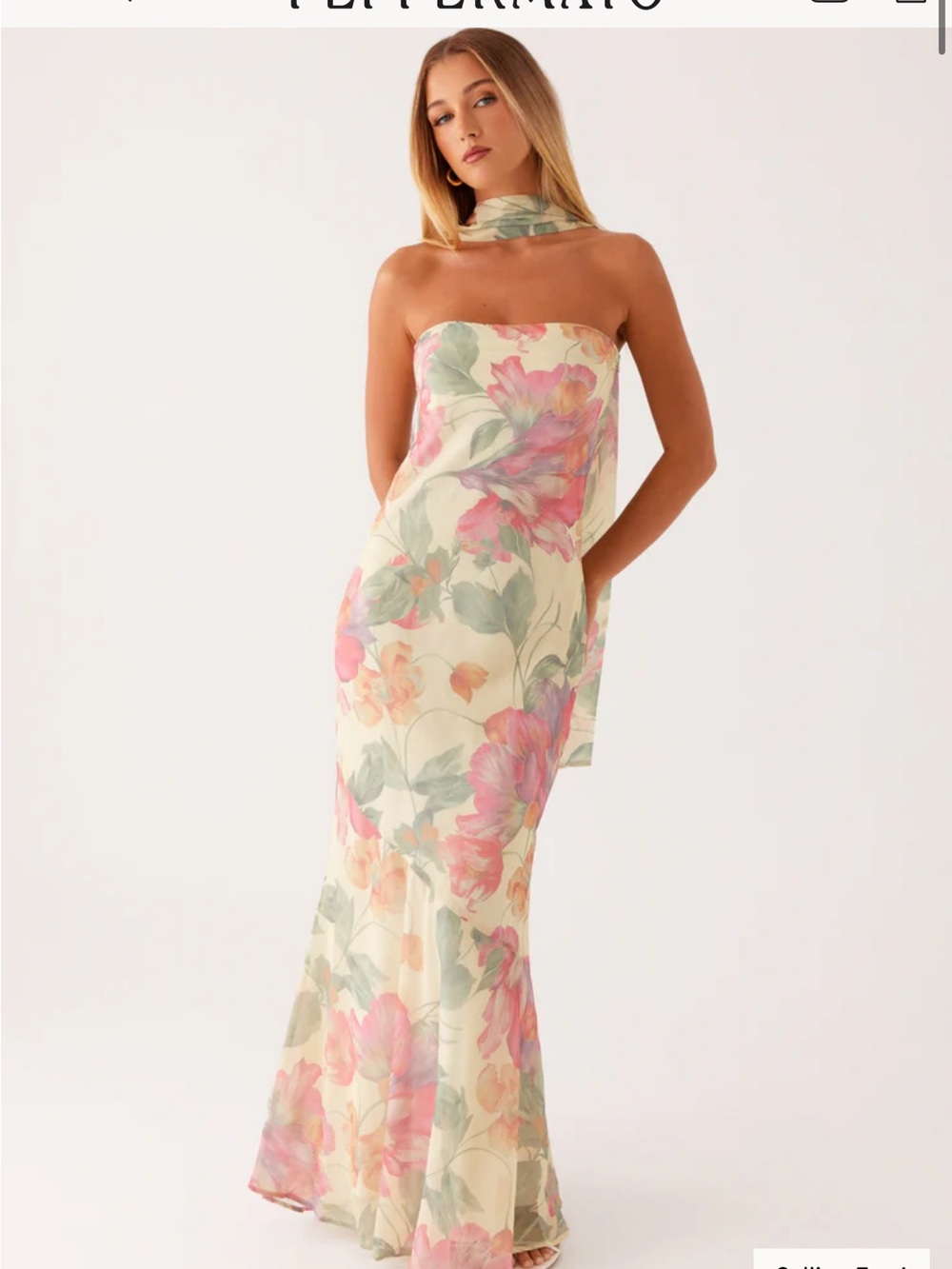 Peppermayo Strapless Floral Maxi Dress in Cream, Pink & Green